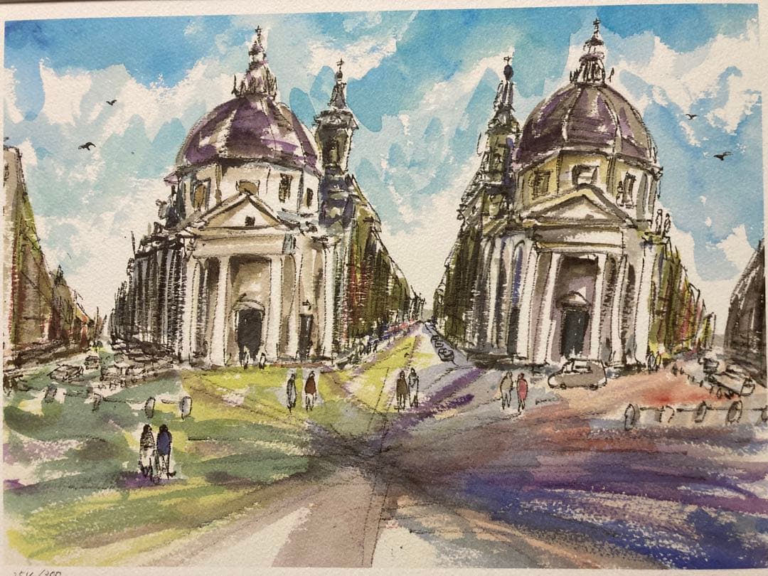 俳優 榎木孝明 リトグラフ 版画「虹色の刻（双子教会ローマ）」 サイン 新額装