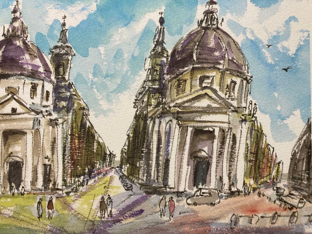 俳優 榎木孝明 リトグラフ 版画「虹色の刻（双子教会ローマ）」 サイン 新額装