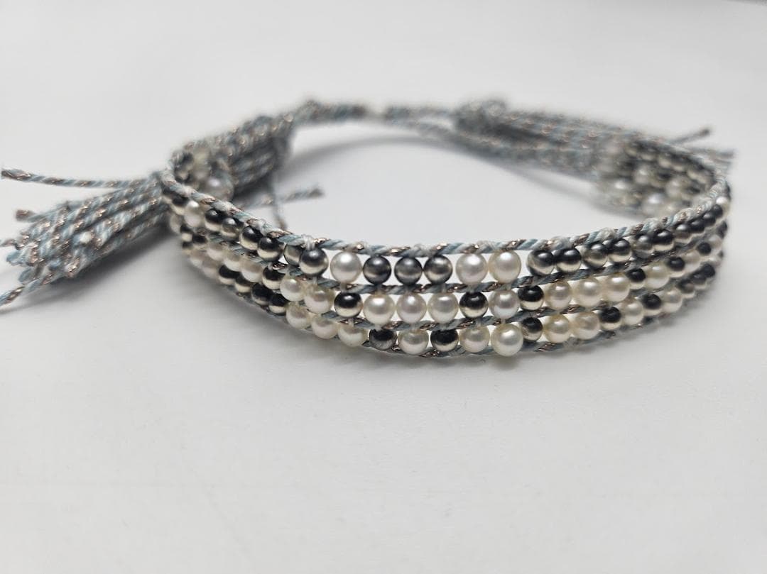 淡水真珠/ナバホパールブレスレット　3.0-3.5mm　四つ編み仕様　ミサンガ
