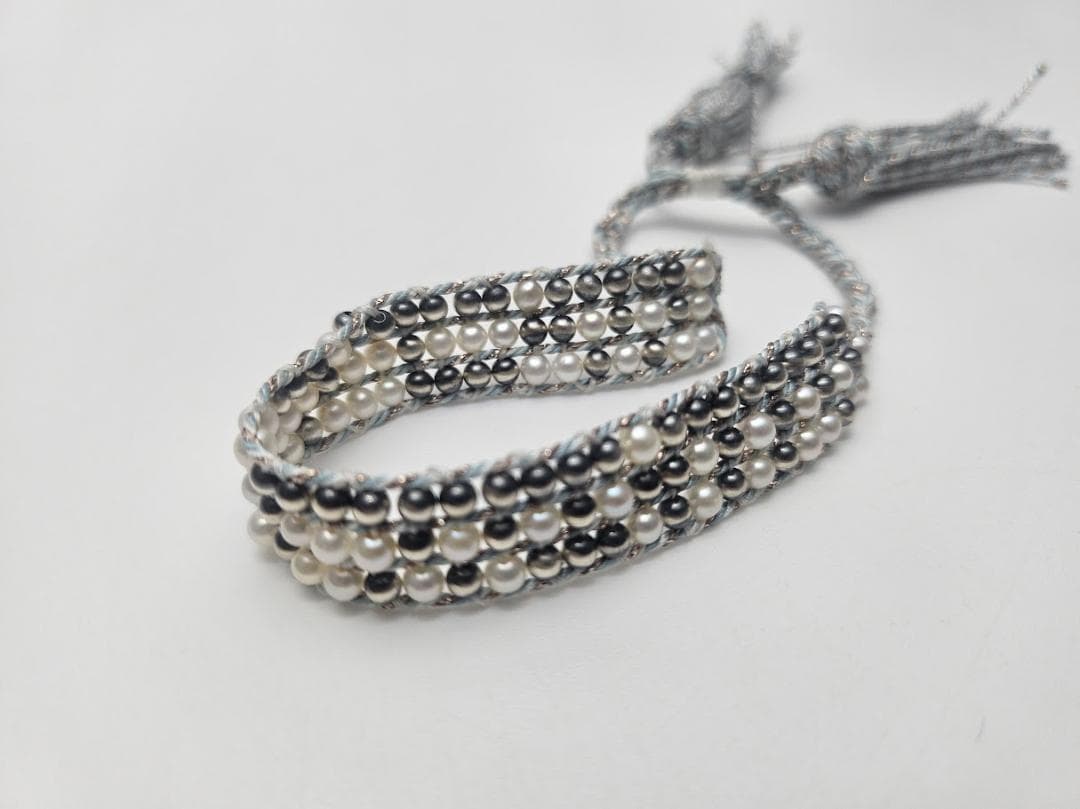 淡水真珠/ナバホパールブレスレット　3.0-3.5mm　四つ編み仕様　ミサンガ