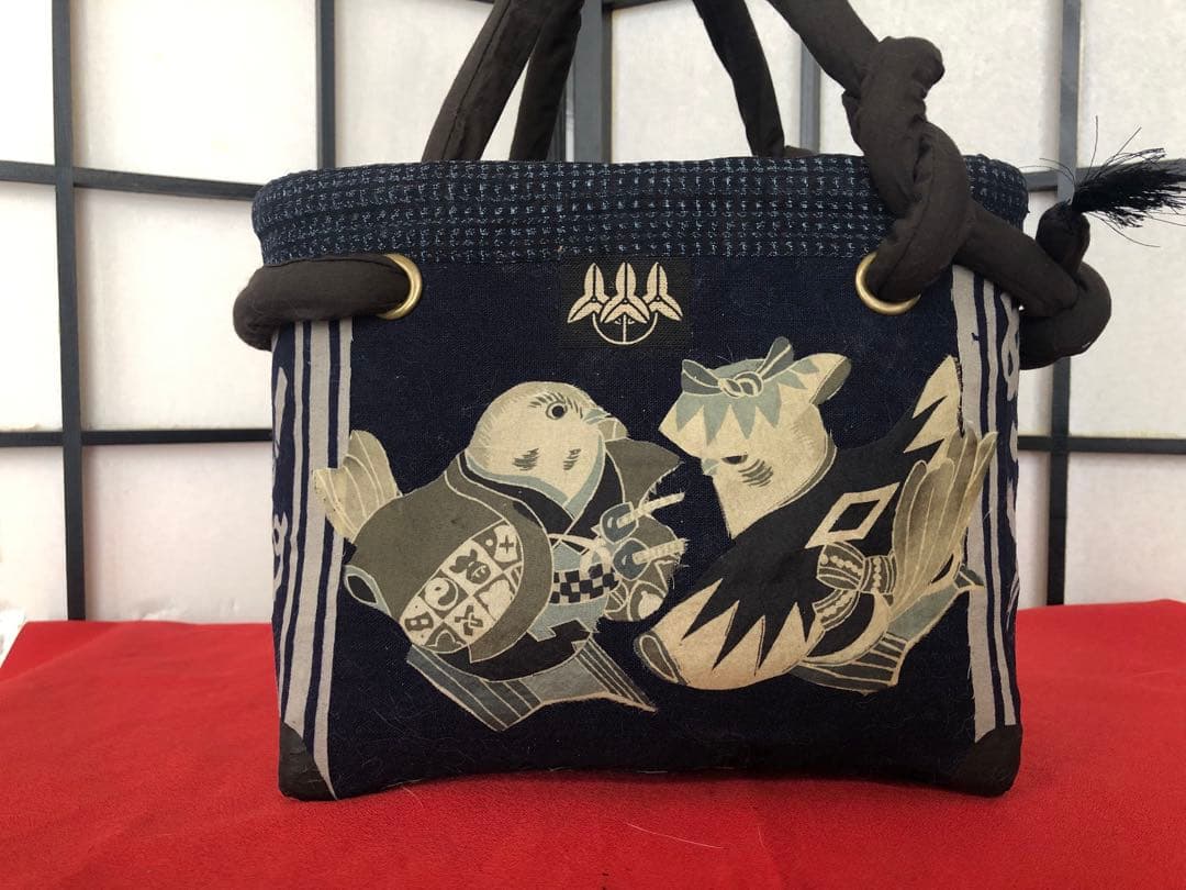 一閑張り　一貫張り　藍染　本藍染 かまわぬ　正絹古布　侍雀