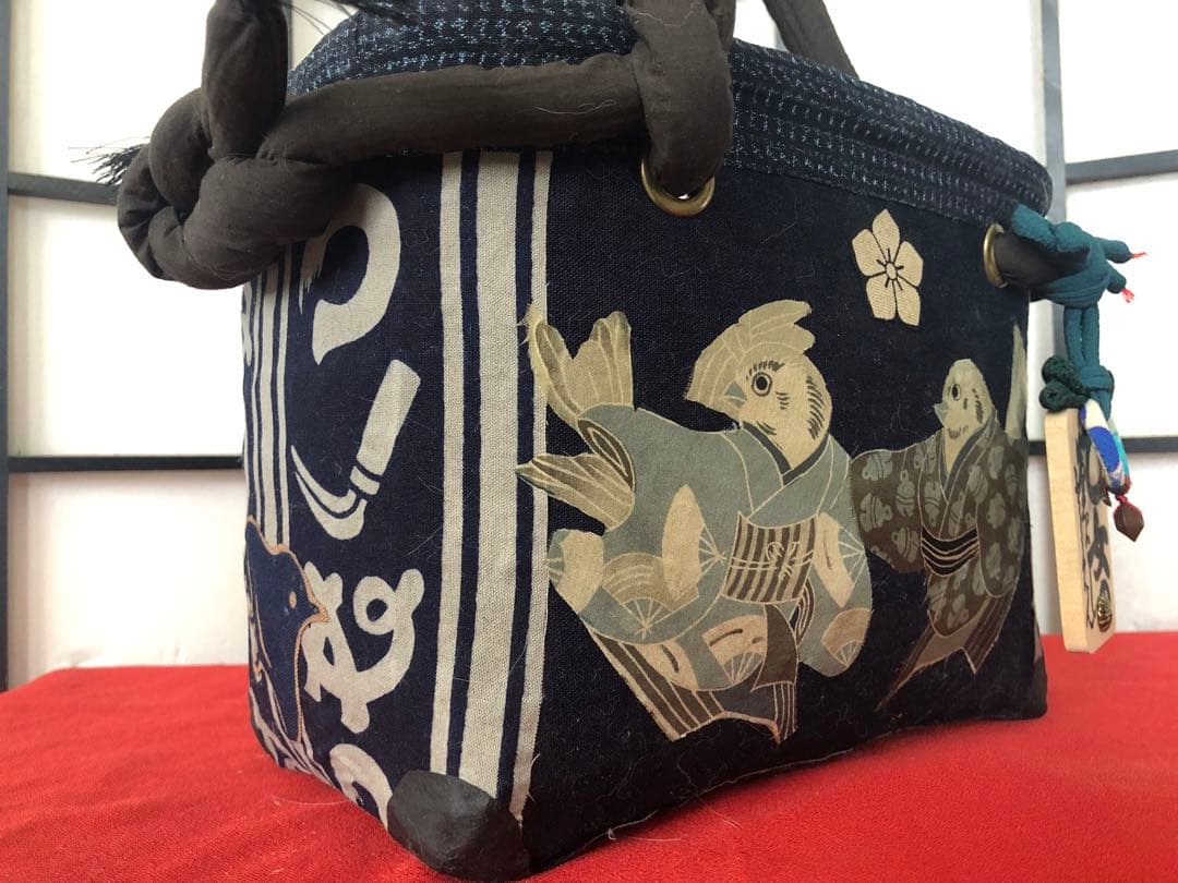 一閑張り　一貫張り　藍染　本藍染 かまわぬ　正絹古布　侍雀