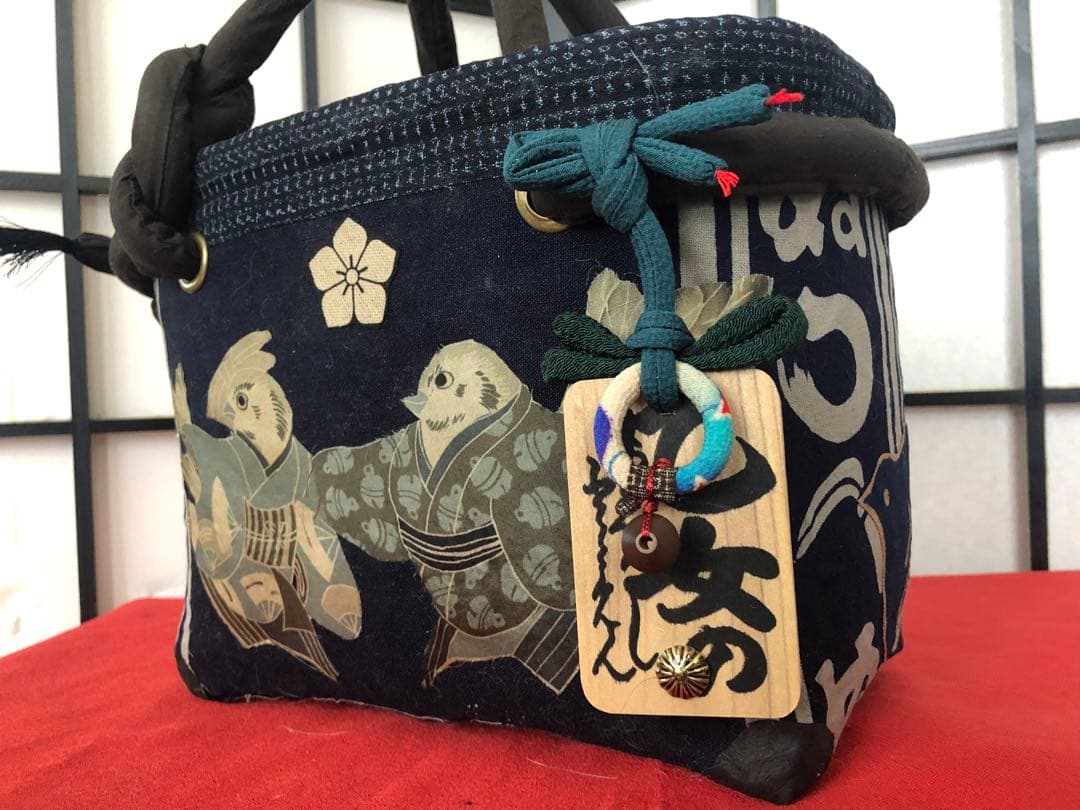 一閑張り　一貫張り　藍染　本藍染 かまわぬ　正絹古布　侍雀
