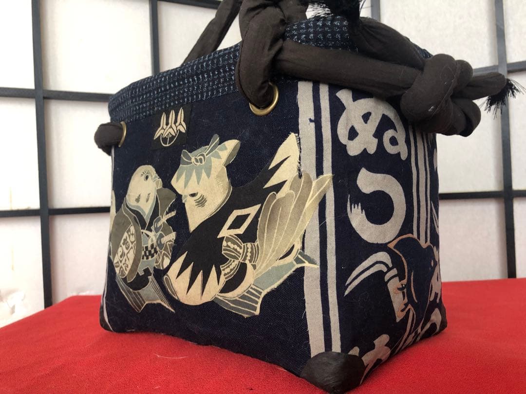 一閑張り　一貫張り　藍染　本藍染 かまわぬ　正絹古布　侍雀