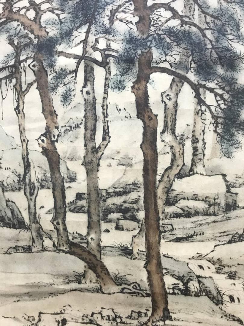 【複製】山本梅逸/山渓松林図/山水図/印刷/工芸品/掛軸/名家伝来/AB-998