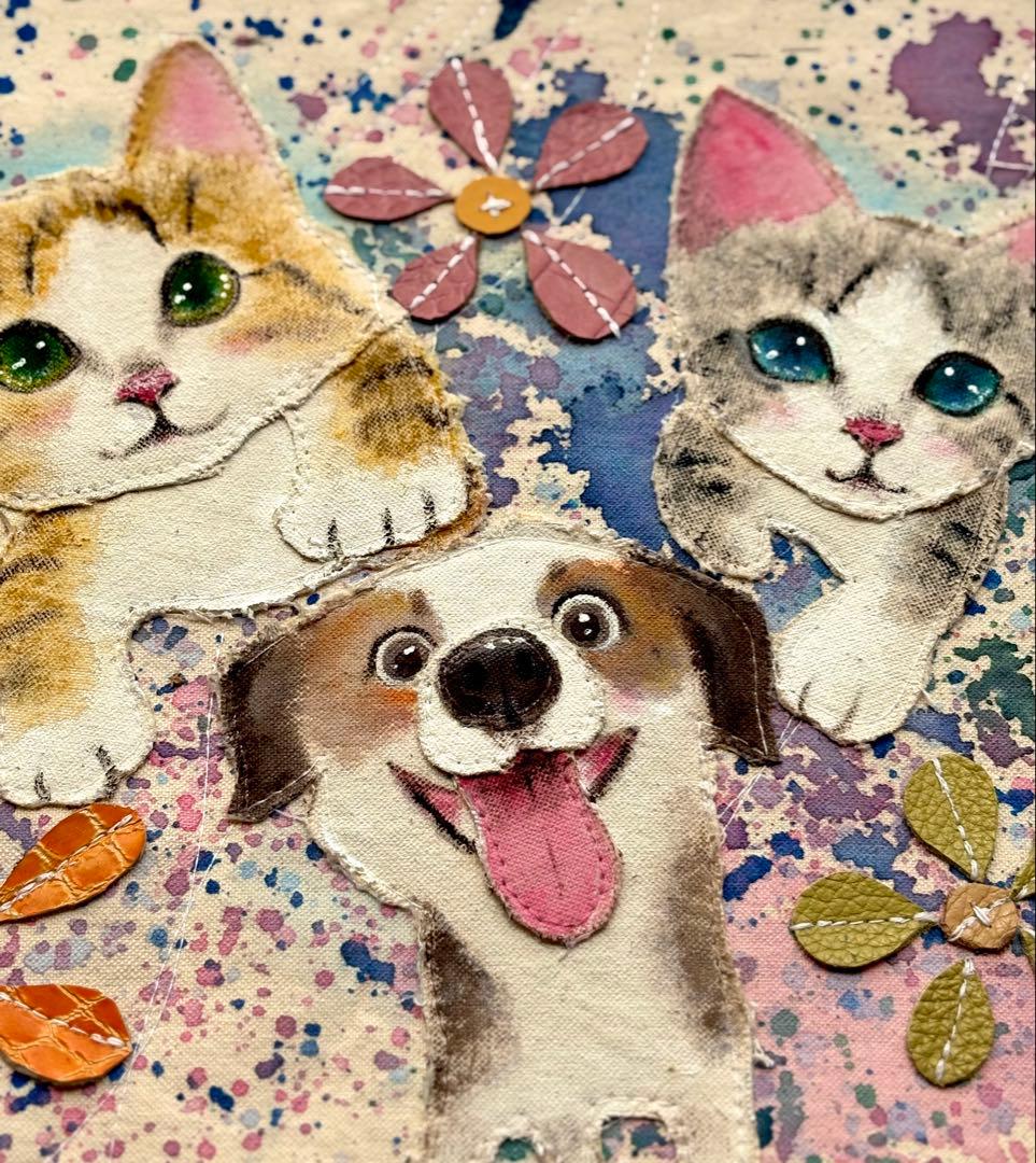 (手づくり)\"楽しい〜\"ねこネコ犬のトートバッグ　アップリケお花