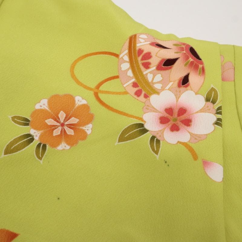 てるてる　お子様着物　毬ウサギ 黄緑色 化繊＋作り帯4点セット 11RG3