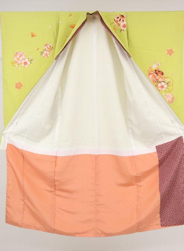 てるてる　お子様着物　毬ウサギ 黄緑色 化繊＋作り帯4点セット 11RG3