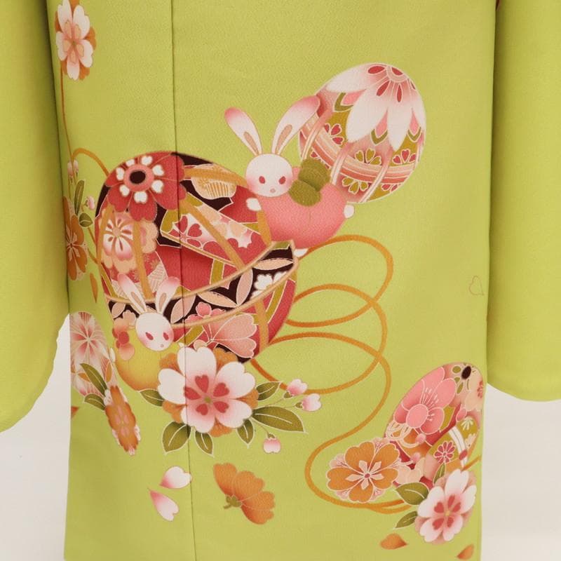 てるてる　お子様着物　毬ウサギ 黄緑色 化繊＋作り帯4点セット 11RG3