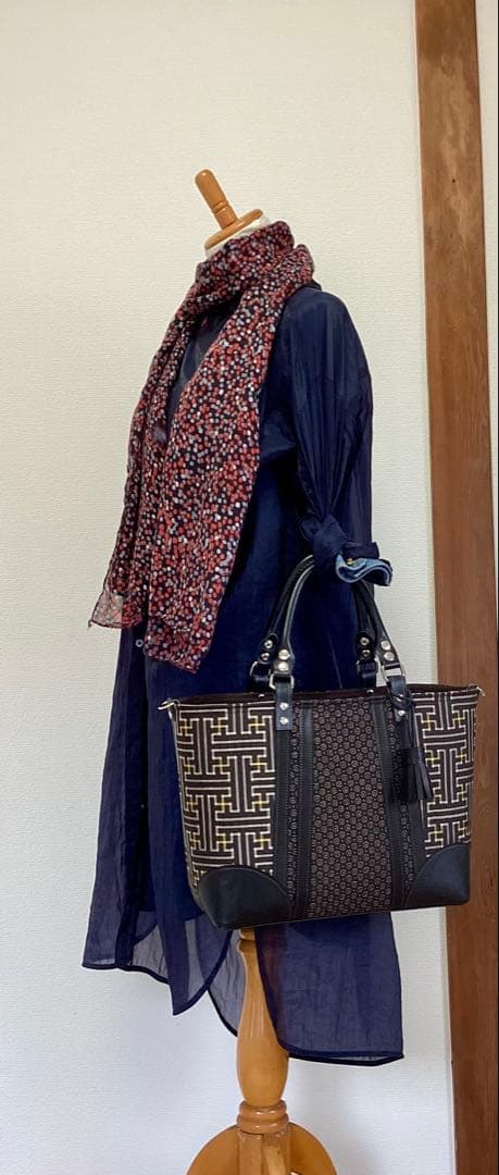 秋名バラ 大島紬 ×本革 着物リメイク トートバッグ 和装バッグ ハンドメイド