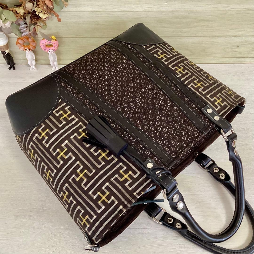 秋名バラ 大島紬 ×本革 着物リメイク トートバッグ 和装バッグ ハンドメイド