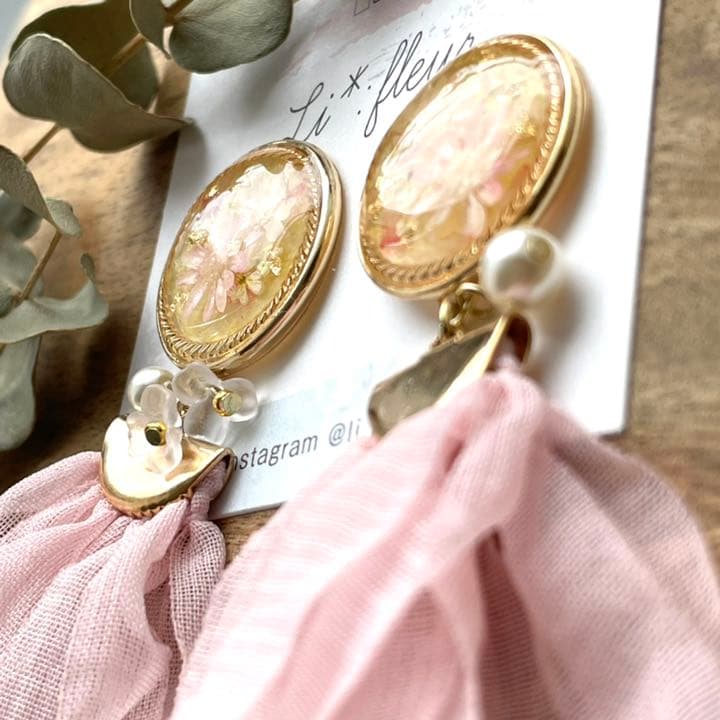 N.148 シフォンタッセル ふんわり お花 パール ベビーピンク イヤリング