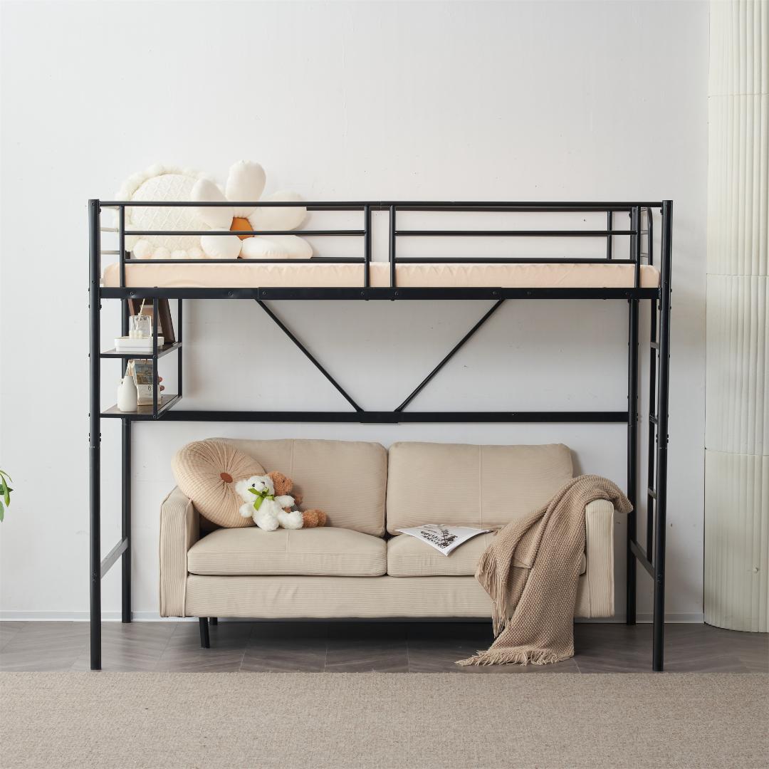 ロフトベッド パイプベッド サイド棚付き北欧風 子供部屋スチール BLACK