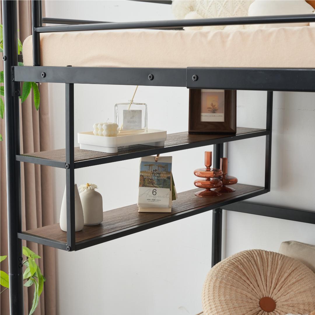 ロフトベッド パイプベッド サイド棚付き北欧風 子供部屋スチール BLACK