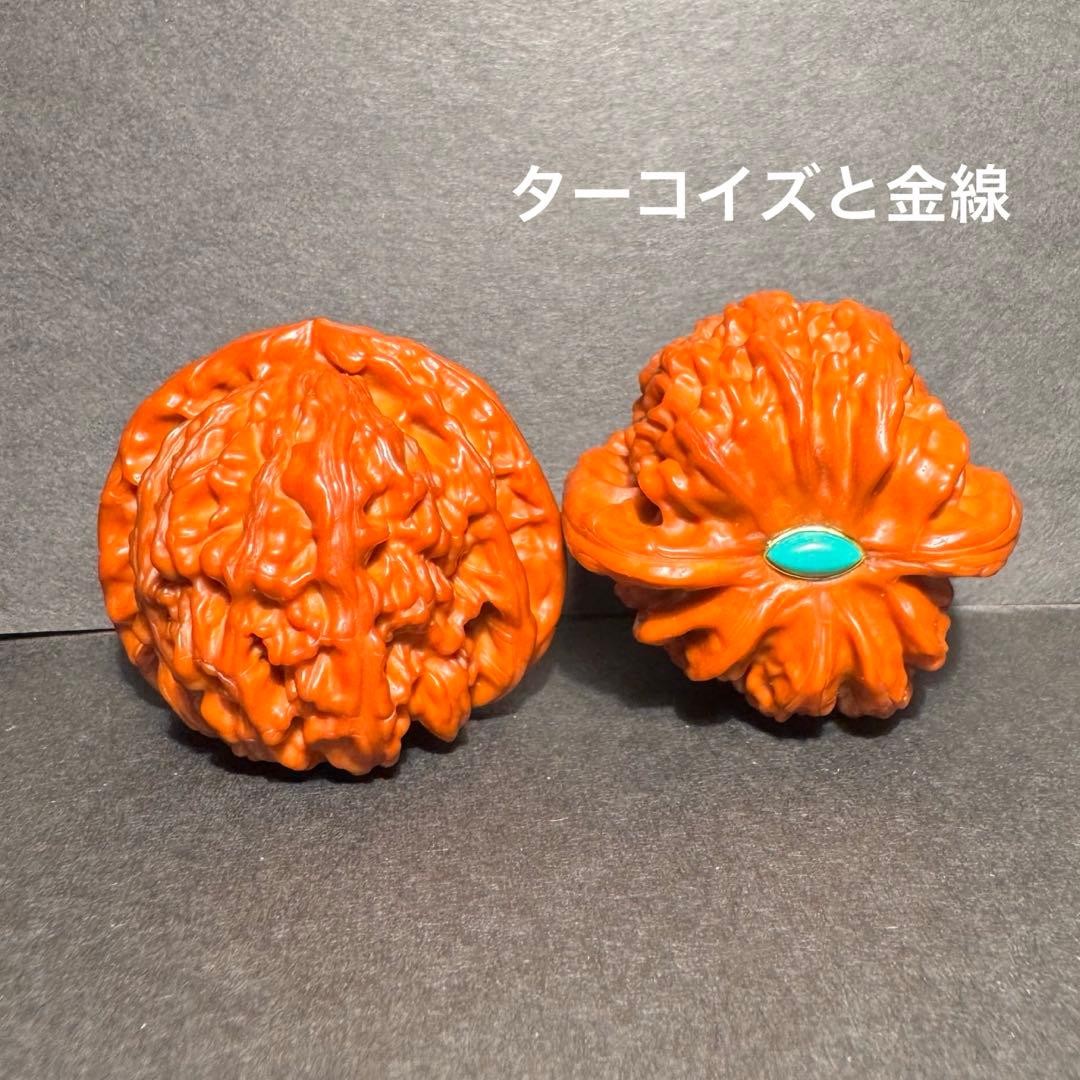 【秘蔵出品】遊びクルミ•白獅子42mm•2年経年変化玉化•ターコイズと金線象嵌