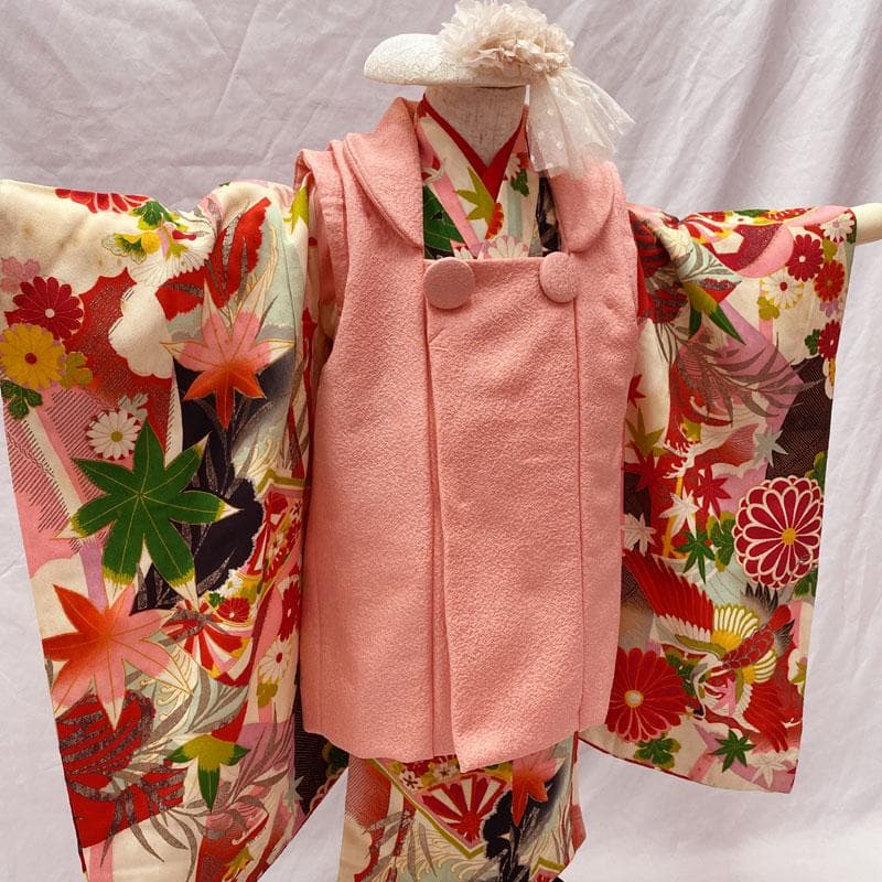 508ag77◎七五三 三歳 女の子 アンティーク着物&被布 レトロ 鶴菊楓◎