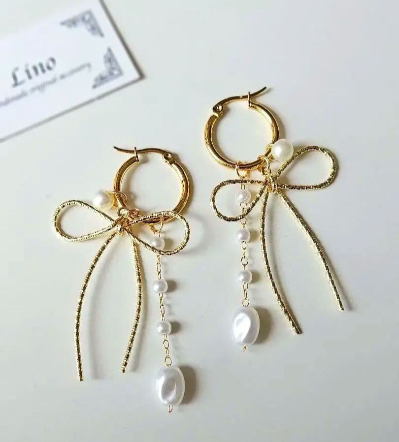 リボンピアス パール じゃらじゃら フープピアス