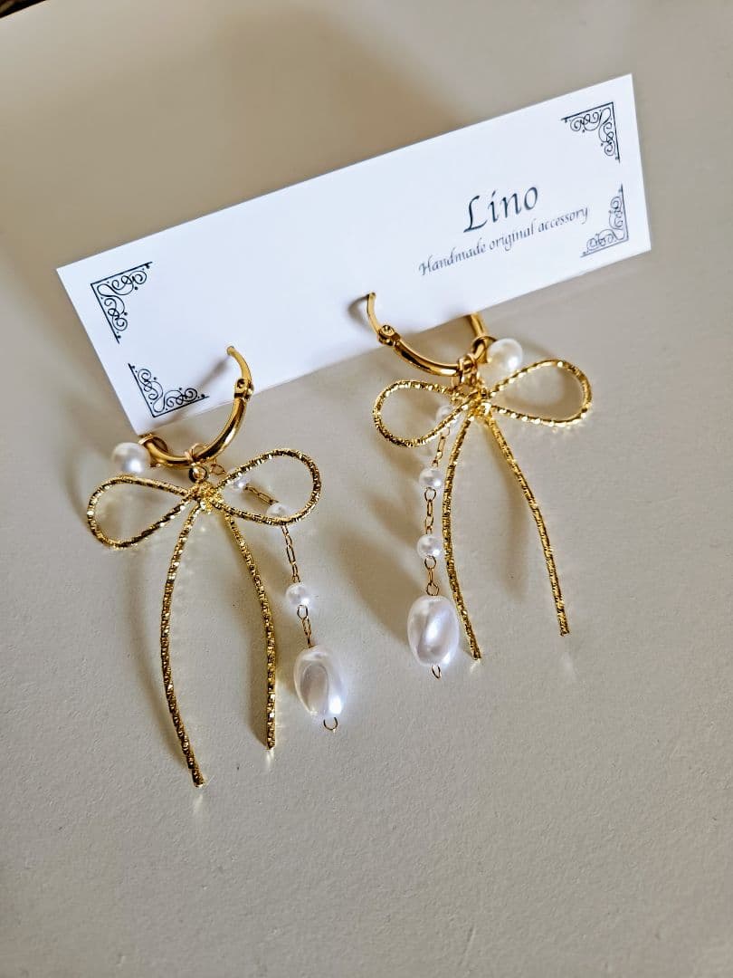 リボンピアス パール じゃらじゃら フープピアス