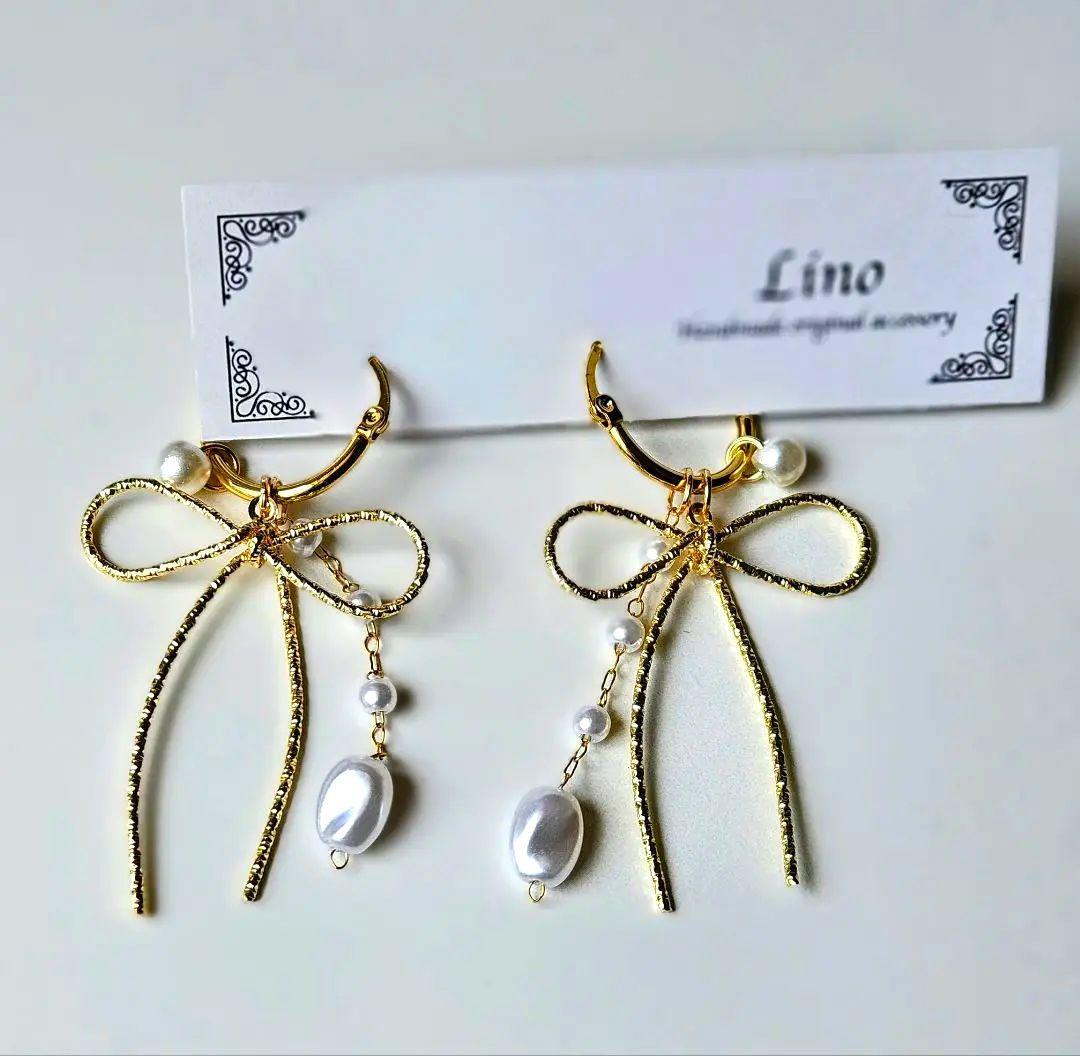 リボンピアス パール じゃらじゃら フープピアス