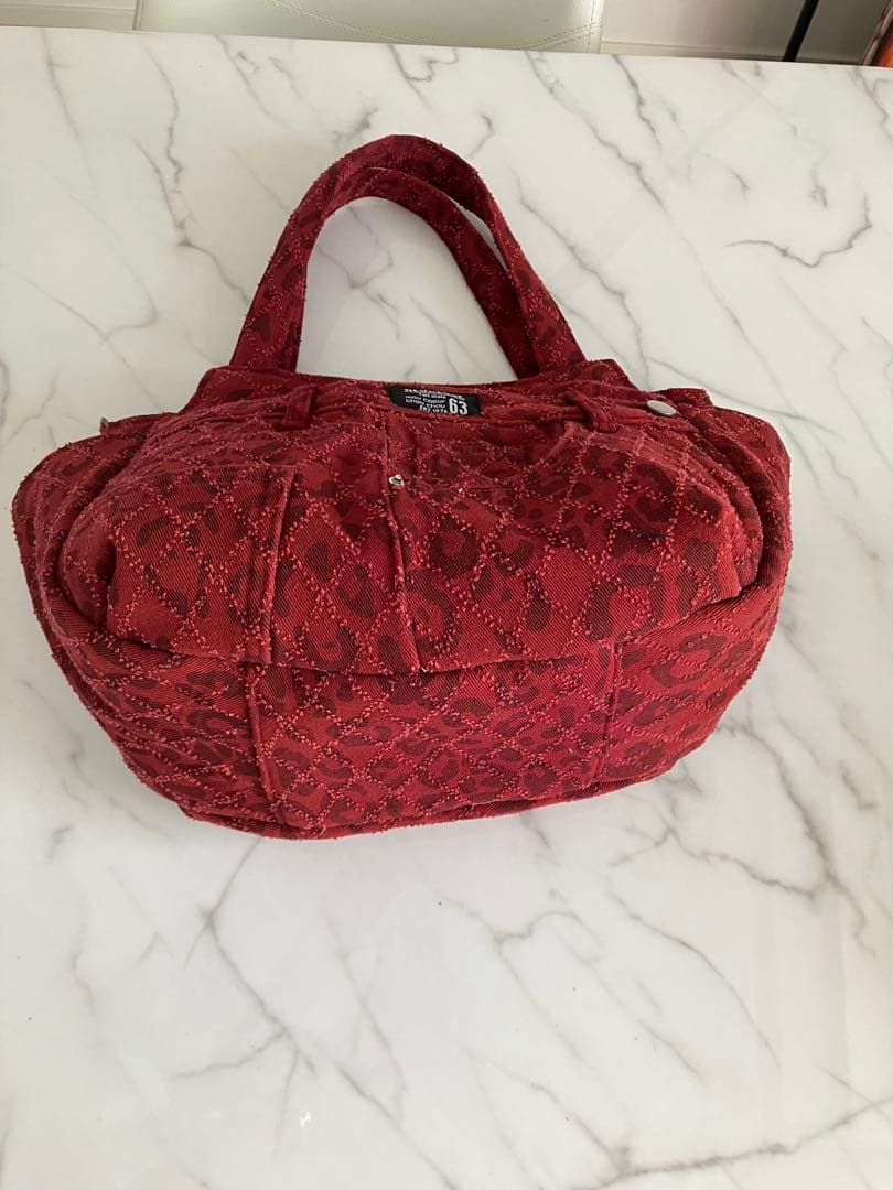 823 大きめ赤いヒョウ柄デニムリメイクバック　ハンドメイド