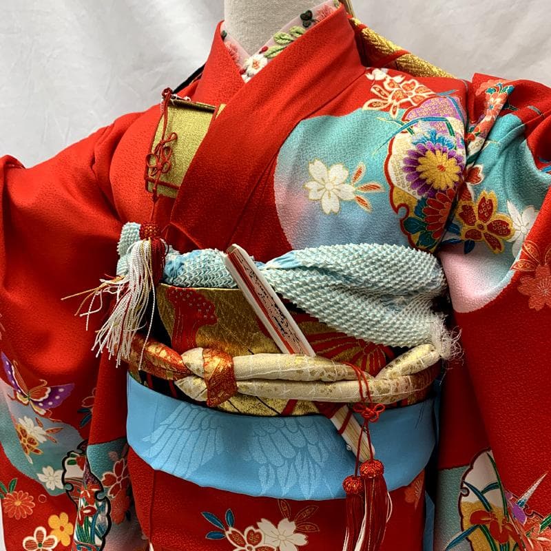 509ag35□七五三 七歳 女児 着物&袋帯 金彩 御所車 雪輪 赤□美品