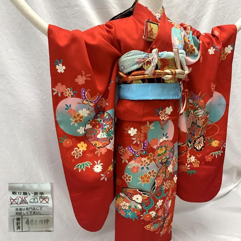 509ag35□七五三 七歳 女児 着物&袋帯 金彩 御所車 雪輪 赤□美品