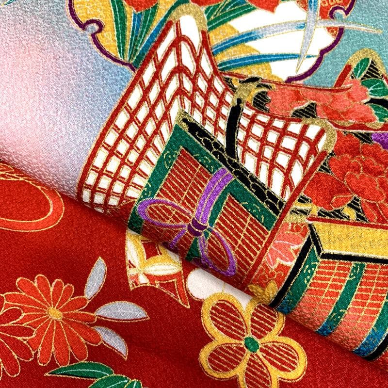 509ag35□七五三 七歳 女児 着物&袋帯 金彩 御所車 雪輪 赤□美品