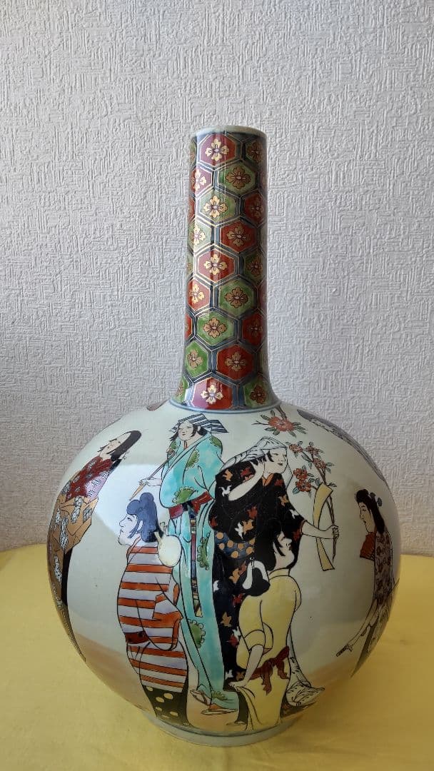 円左エ門　花瓶　鶴首瓶　有田焼　染錦　壺