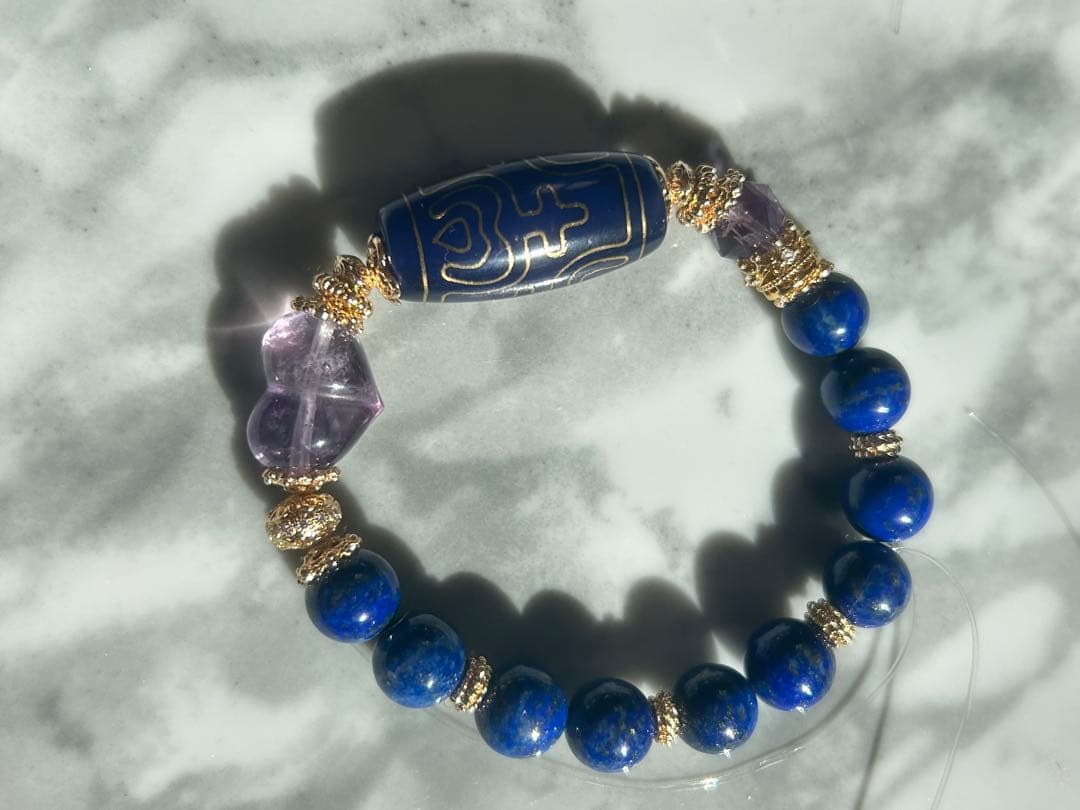 銅線宝瓶天珠、ラピスラズリ、アメジストハートのブレスレット