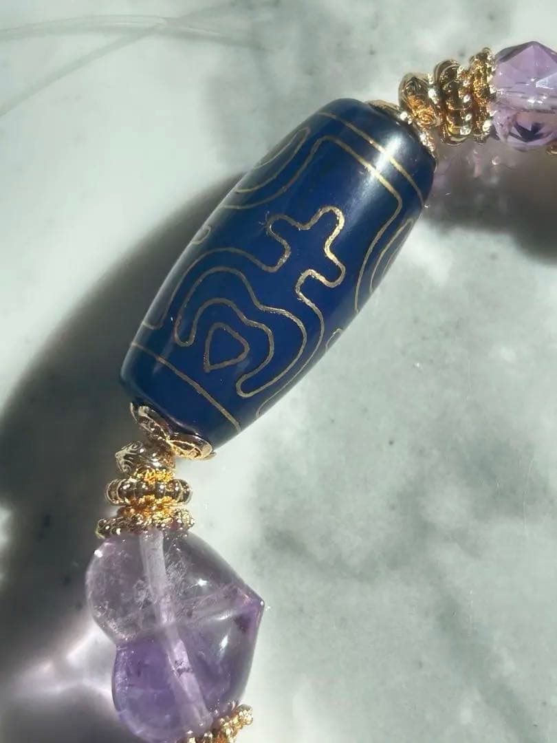 銅線宝瓶天珠、ラピスラズリ、アメジストハートのブレスレット