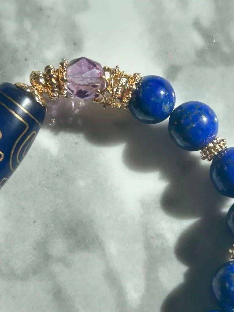 銅線宝瓶天珠、ラピスラズリ、アメジストハートのブレスレット
