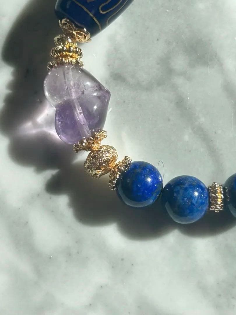 銅線宝瓶天珠、ラピスラズリ、アメジストハートのブレスレット