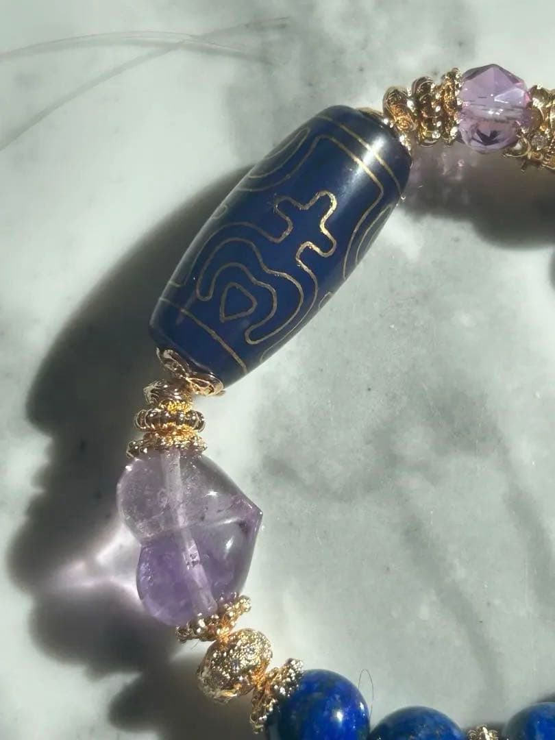 銅線宝瓶天珠、ラピスラズリ、アメジストハートのブレスレット