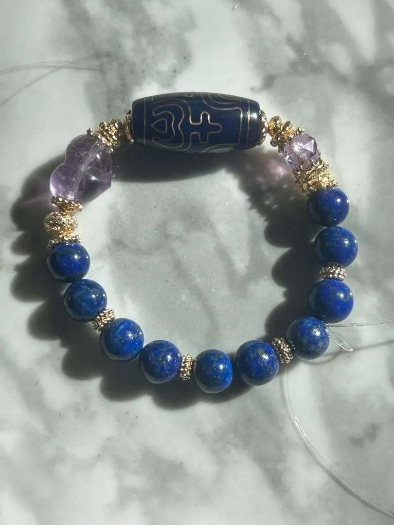 銅線宝瓶天珠、ラピスラズリ、アメジストハートのブレスレット