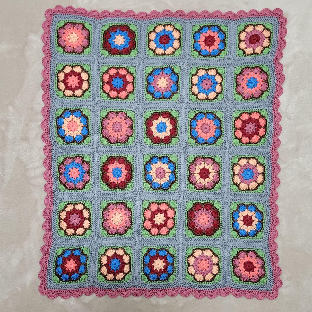 ブランケット　アフリカンフラワー　モチーフ編み　ウール100%　手編み