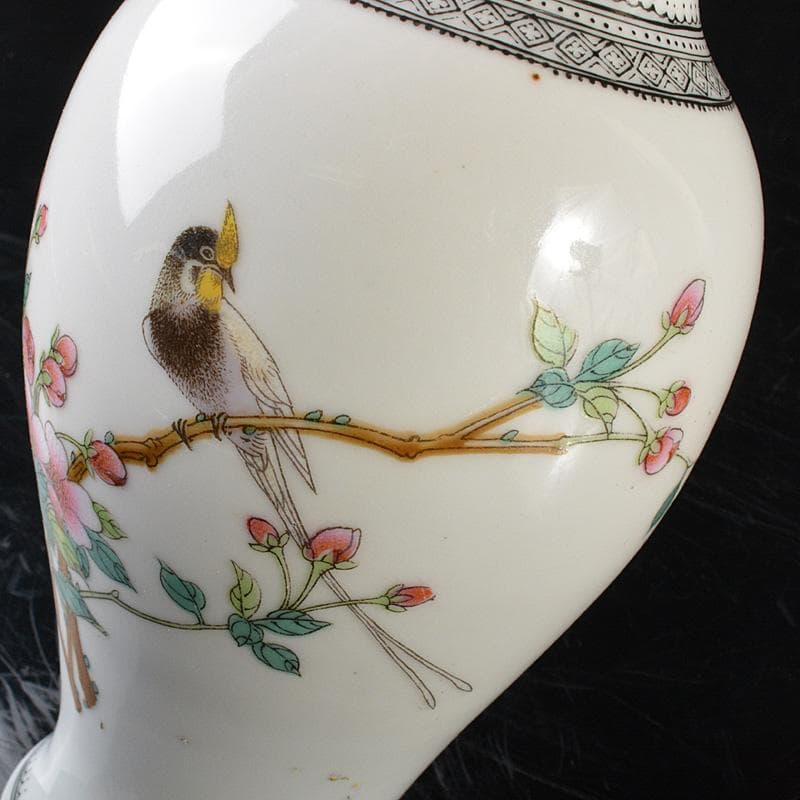 中国　中国景徳鎮製　粉彩漢詩花鳥文瓶　時代箱　M　R6295