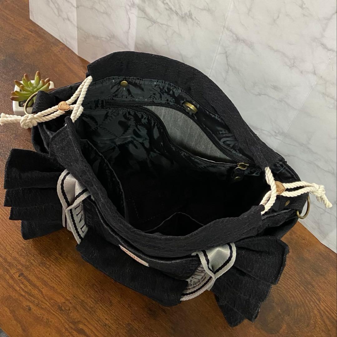 Ｎｏ.65 デニムリメイク【フリルバッグ】トートバッグ ハンドメイド