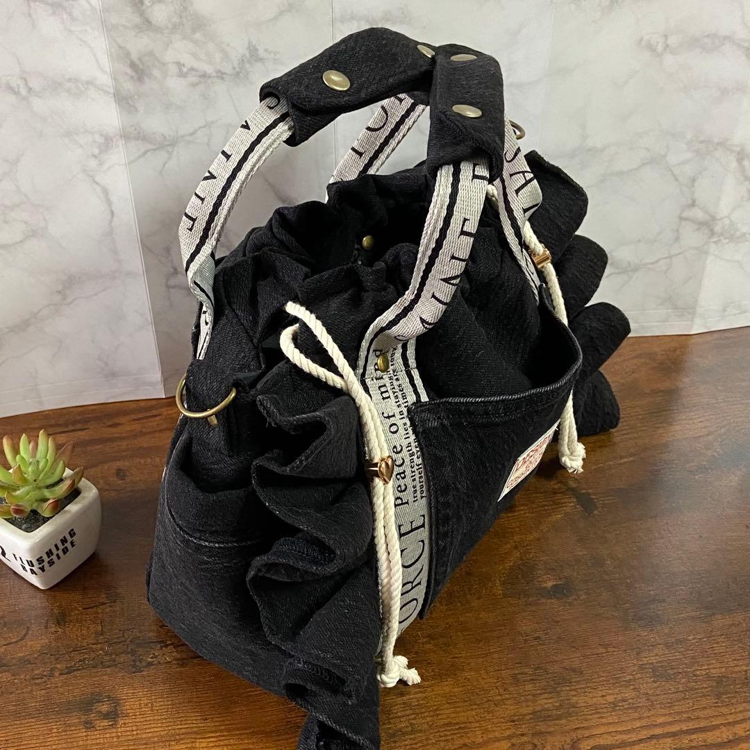 Ｎｏ.65 デニムリメイク【フリルバッグ】トートバッグ ハンドメイド