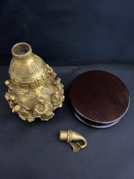 瓢箪 真鍮 台　高彫 彫刻 置物 縁起物 開運 風水 骨董 古美術 アンティーク