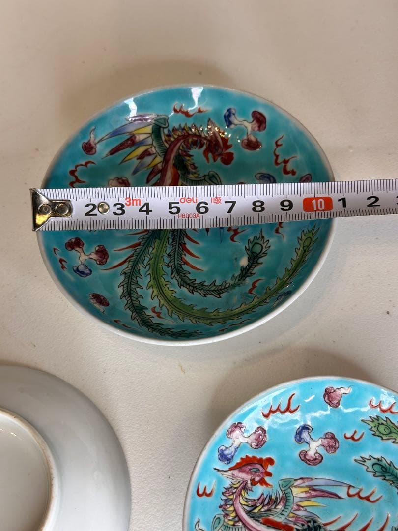 青釉　鳳凰文　色絵　小皿　三点組　底款有　古美術