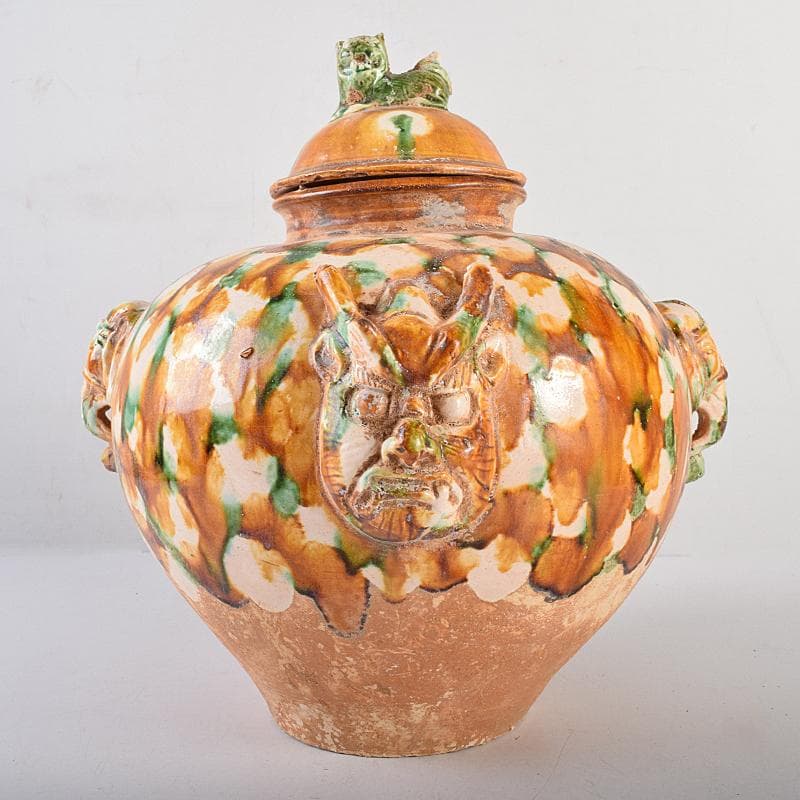 中国　唐三彩　獅子摘　双耳壷　C　R8549B