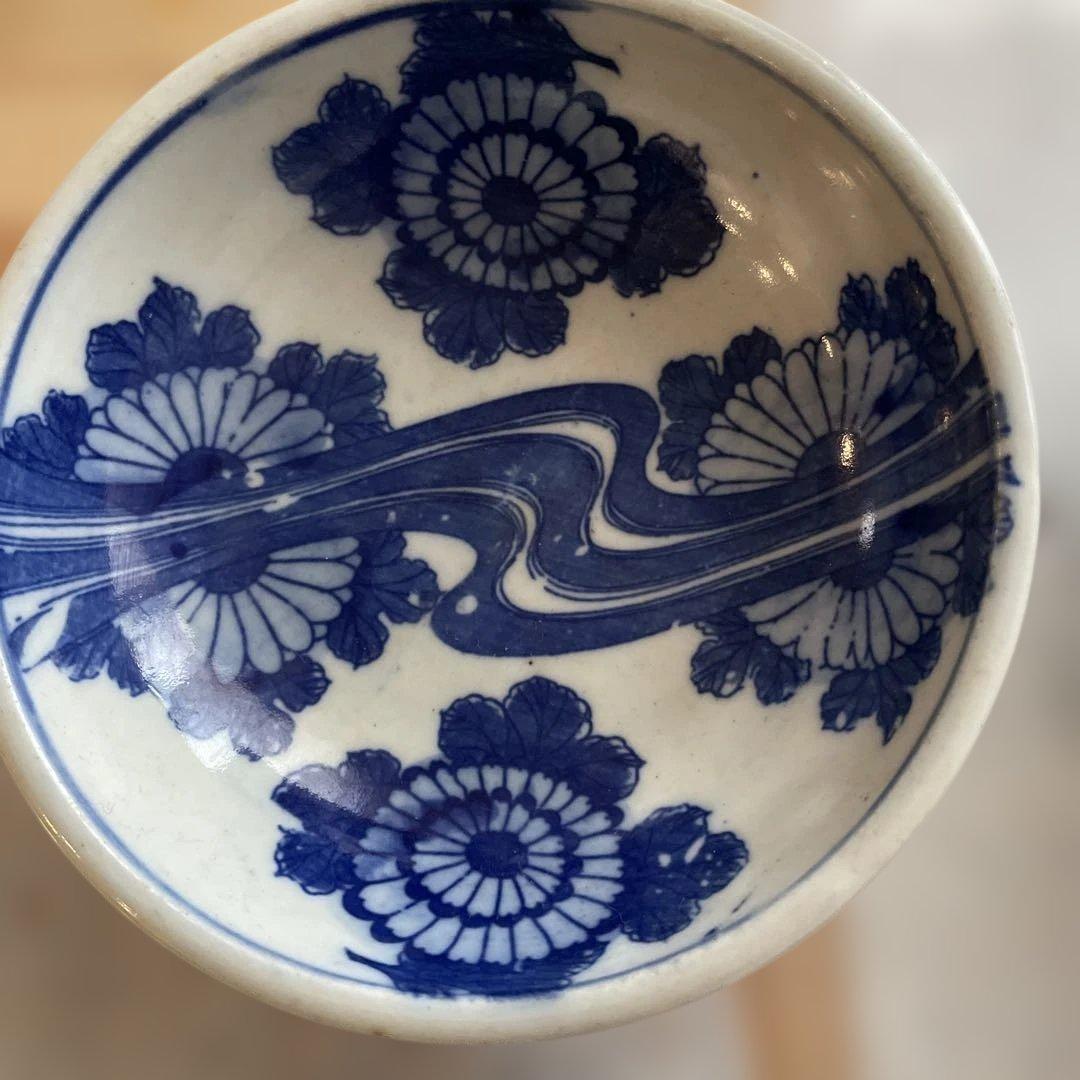 青い花柄波模様の陶器ボウル 6個セット