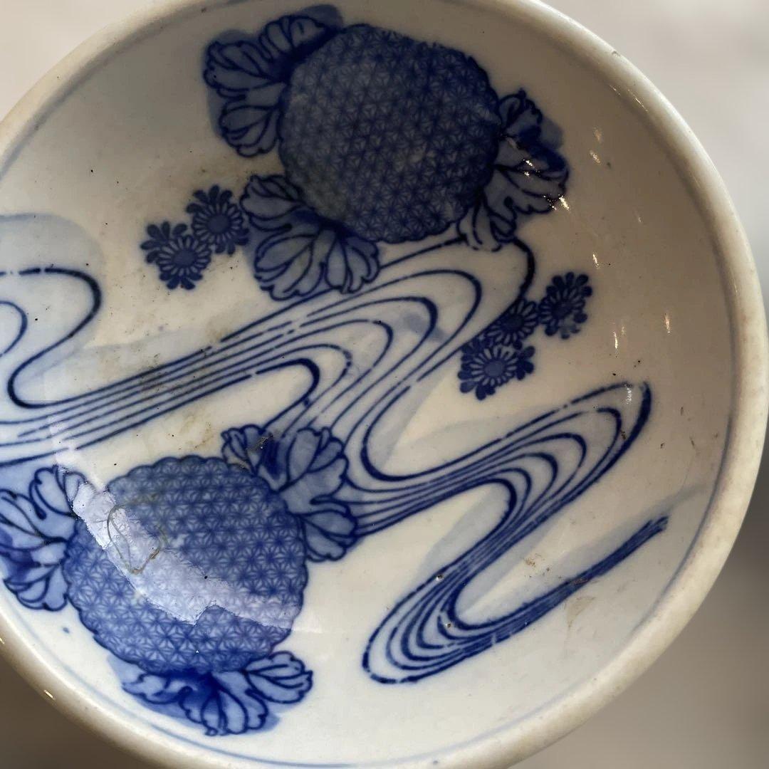 青い花柄波模様の陶器ボウル 6個セット