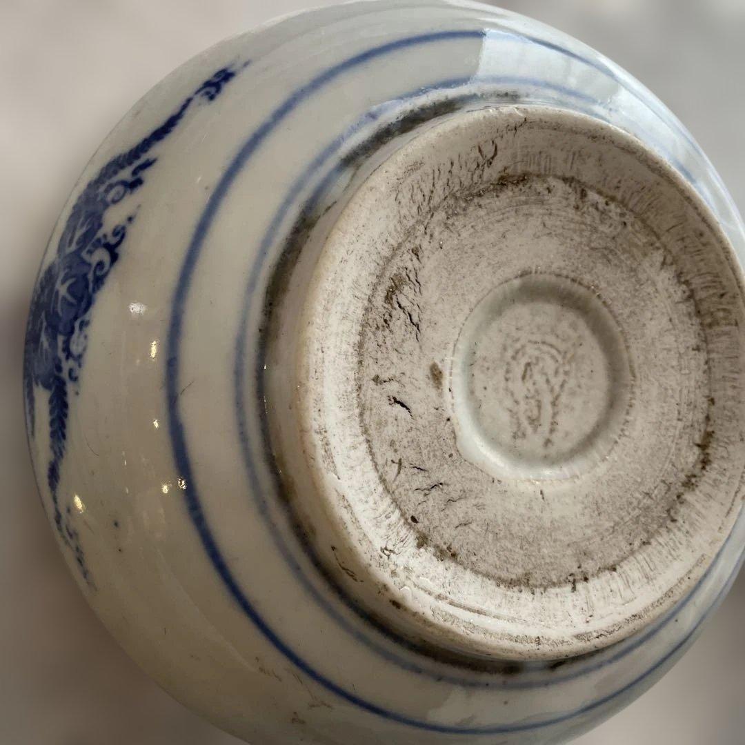 青い花柄波模様の陶器ボウル 6個セット