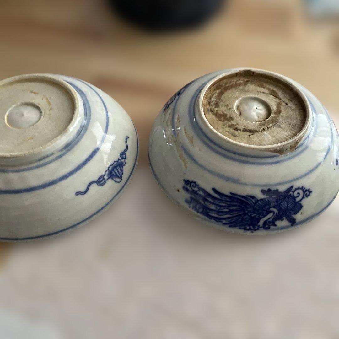 青い花柄波模様の陶器ボウル 6個セット