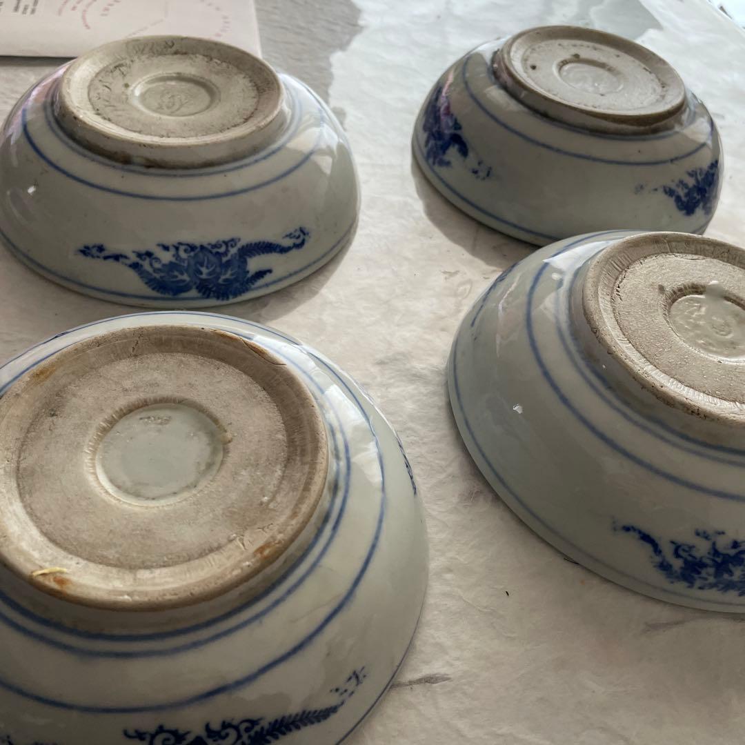 青い花柄波模様の陶器ボウル 6個セット