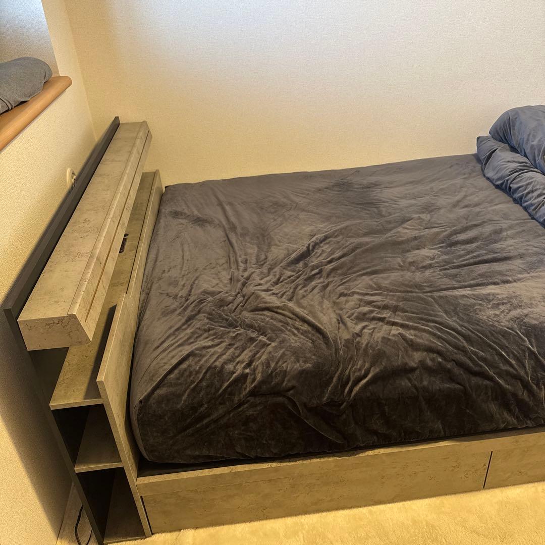 グレー 木製 ワイドダブルベッドフレーム 収納付き