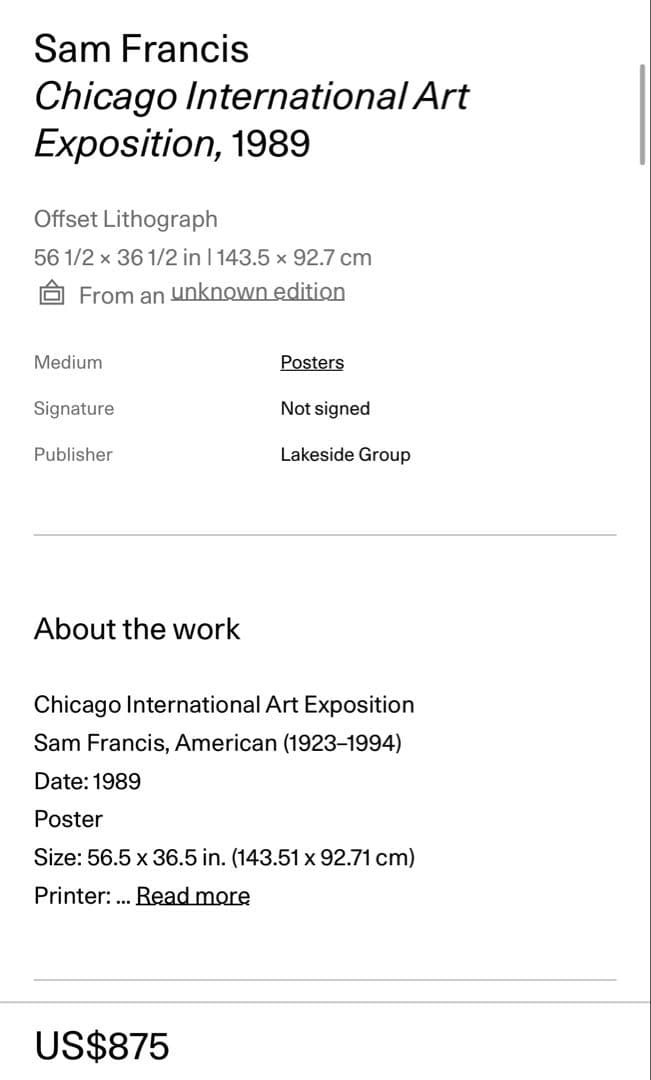 サム・フランシス シカゴ国際アートエキスポ 1989年 ヴィンテージポスター