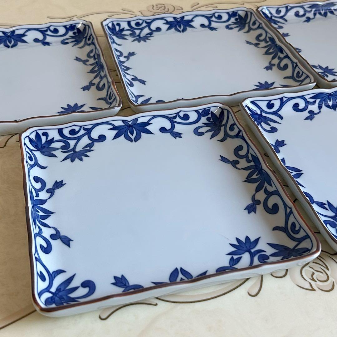 たち吉　橘吉　染付唐草　青華　中皿揃　5枚セット　和皿　四方皿　輪花皿　和食器