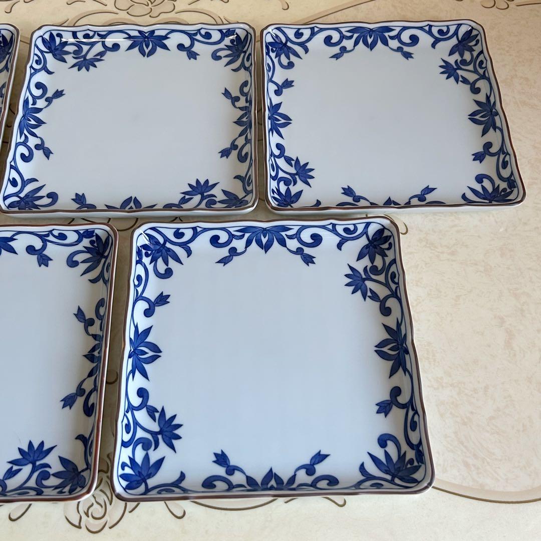 たち吉　橘吉　染付唐草　青華　中皿揃　5枚セット　和皿　四方皿　輪花皿　和食器